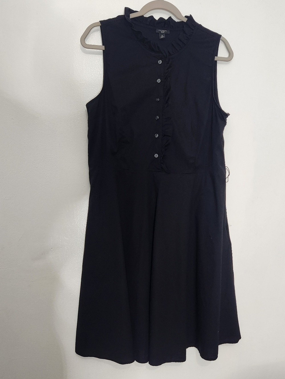 Ann Taylor 14P Black A-Line Dress Ruffle Button Up Pocket Petite 14 Minimalist